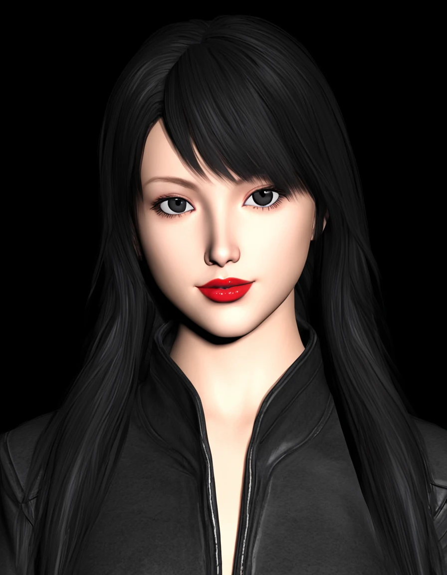 <lora:2000cg-batlab-000003:1>
1girl, solo, black hair, long hair, black background, realistic, jacket, black eyes, upper body, red lips, looking at viewer