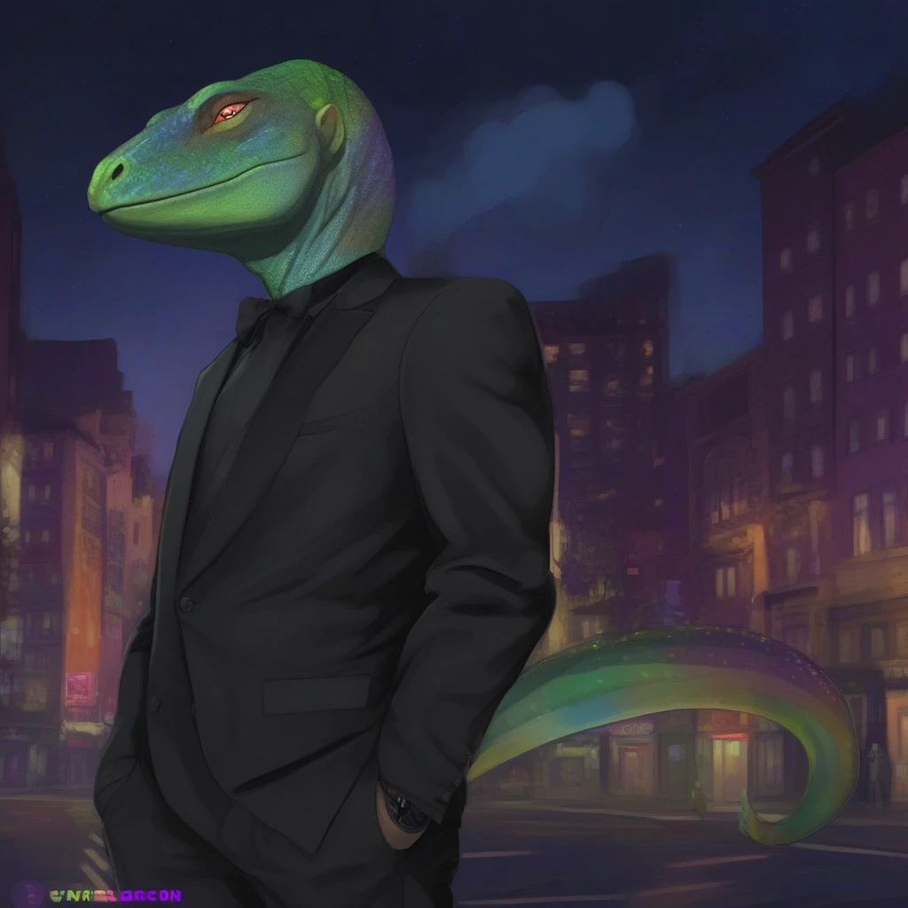 solo, male, anthro, lizard, rainbow colored hair, black dress shirt, black dress pants, black dress shoes, charming, semi muscular, city streets, neon lights, night time