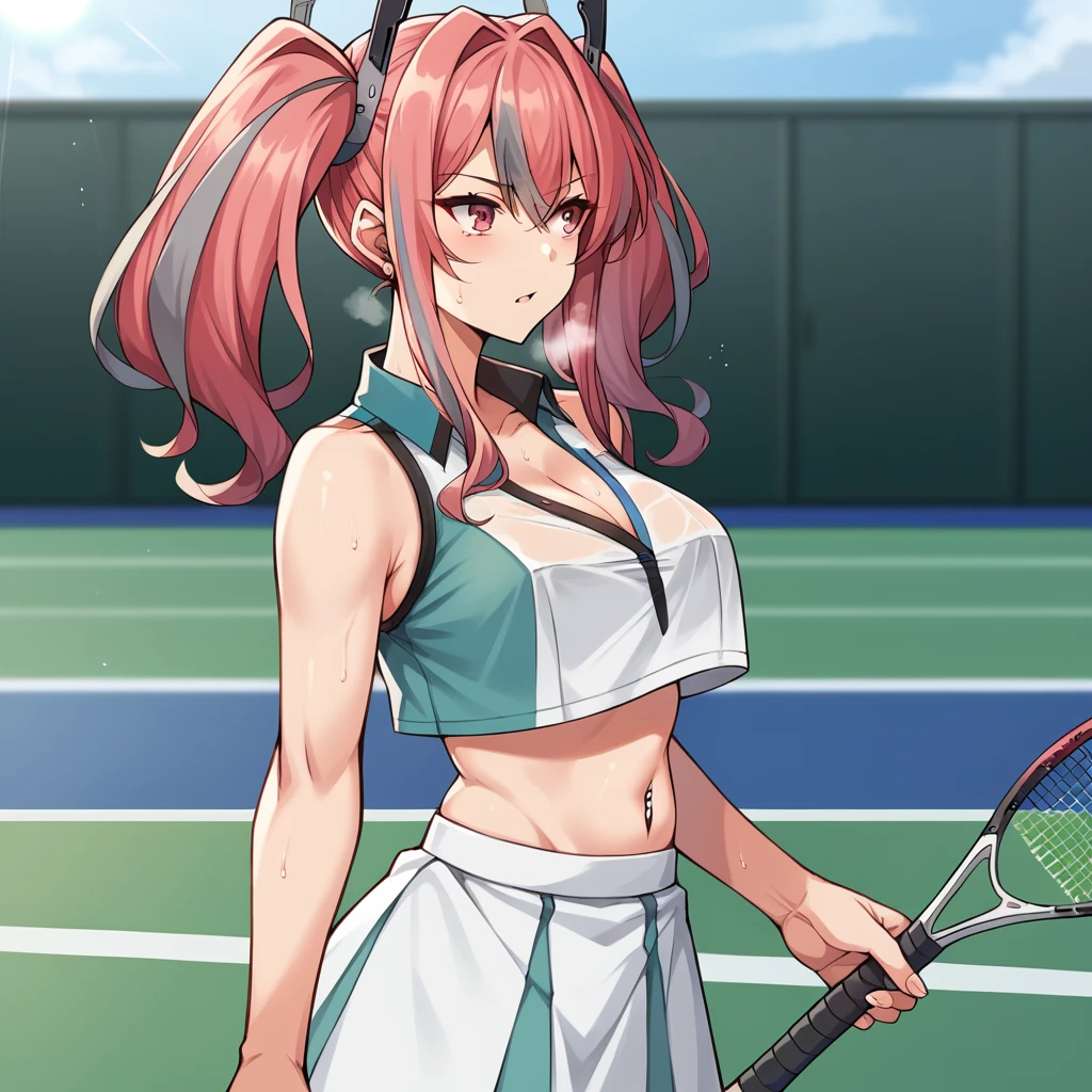 score_9_up, score_8_up, score_7_up, source_anime, masterpiece, best quality, 1girl, solo, BremertonAzur, Brem01, Brm_Tns, sun light, standing, looking ahead, parted lips, breath, sweaty, serious, from side, holding tennis ball, holding tennis racket, playing tennis, bremerton (azur lane), pink hair, twintails, grey hair, streaked hair, pink eyes, hair ornament, navel piercing, bremerton (scorching-hot training) (azur lane), crop top overhang, tennis outfit, alt two-tone shirt, sleeveless shirt, cleavage, collarbone, two-tone skirt, mature body, dynamic cowboy shot, outdoors, tennis court background