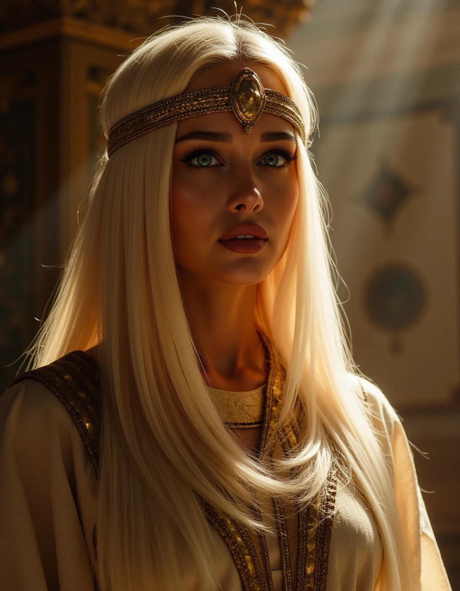 Laura <lora:Laura_flux:1.3>, Cinematic style, realism, cinematic quality, rays of light, play of shadow and light, Beauty, woman in headdress, pharaoh, straight long platinum hair, antique art style, by Alexander Orlowski, (by greg rutkowski and magali Vil...