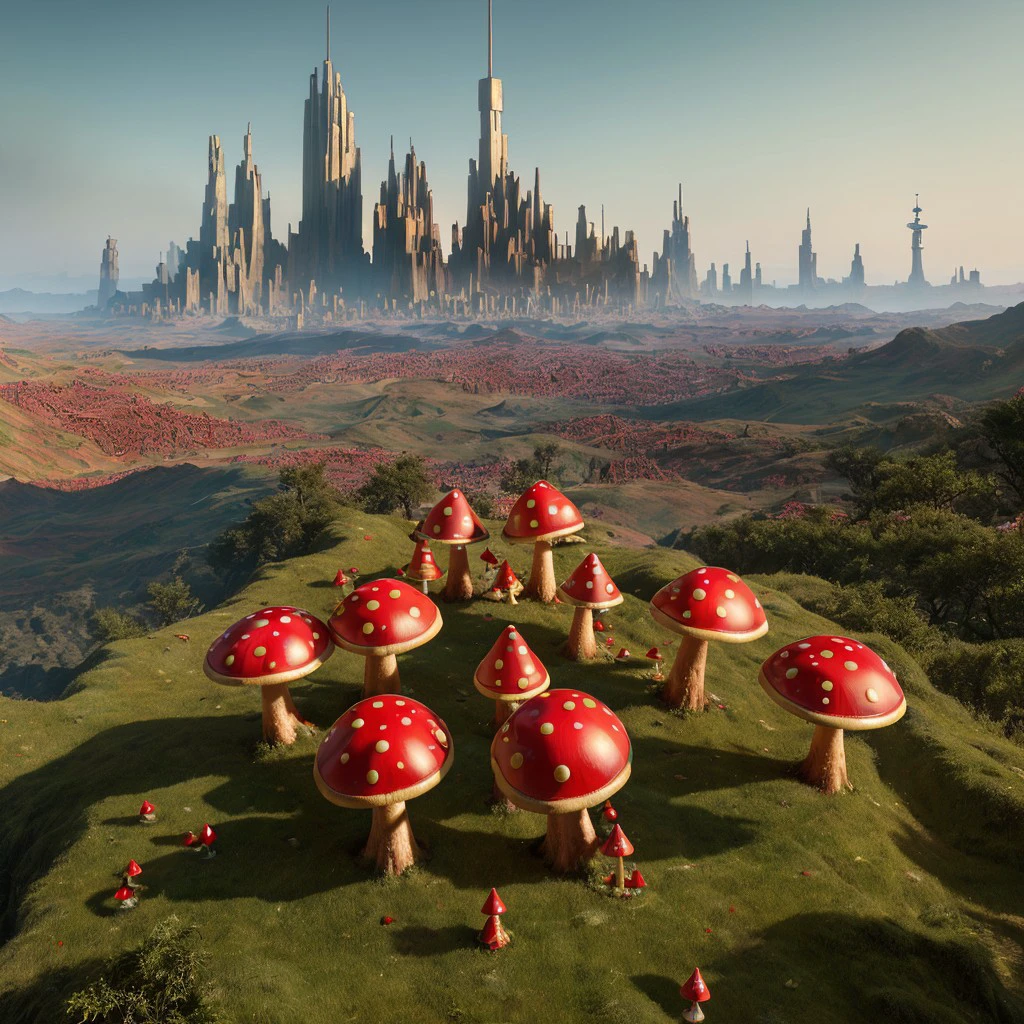 masterpiece, intricate photo, toadstools with red caps in the land of wizard of oz, cyberpunk, atompunk, photo realistic, hyper realistic, highly detailed, sharp focus, cozy outdoor lighting, colorful, friendly colors, best quality, high resolution, 8K