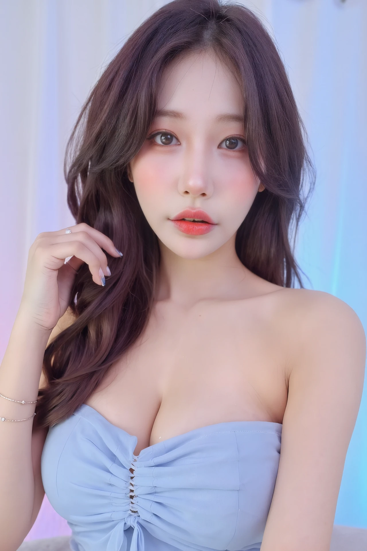  A delicate portrait of BJHaru, dressed in a flowing pastel blue dress with soft ruffles cascading down. Her gentle expression is accentuated by light pink lipstick and a soft blush, creating an ethereal aura. Her wavy brown hair falls gently over her shoulders, with soft pastel-colored lighting illuminating her features. The overall feel is one of tenderness and calm, with an air of subtle elegance and beauty.

