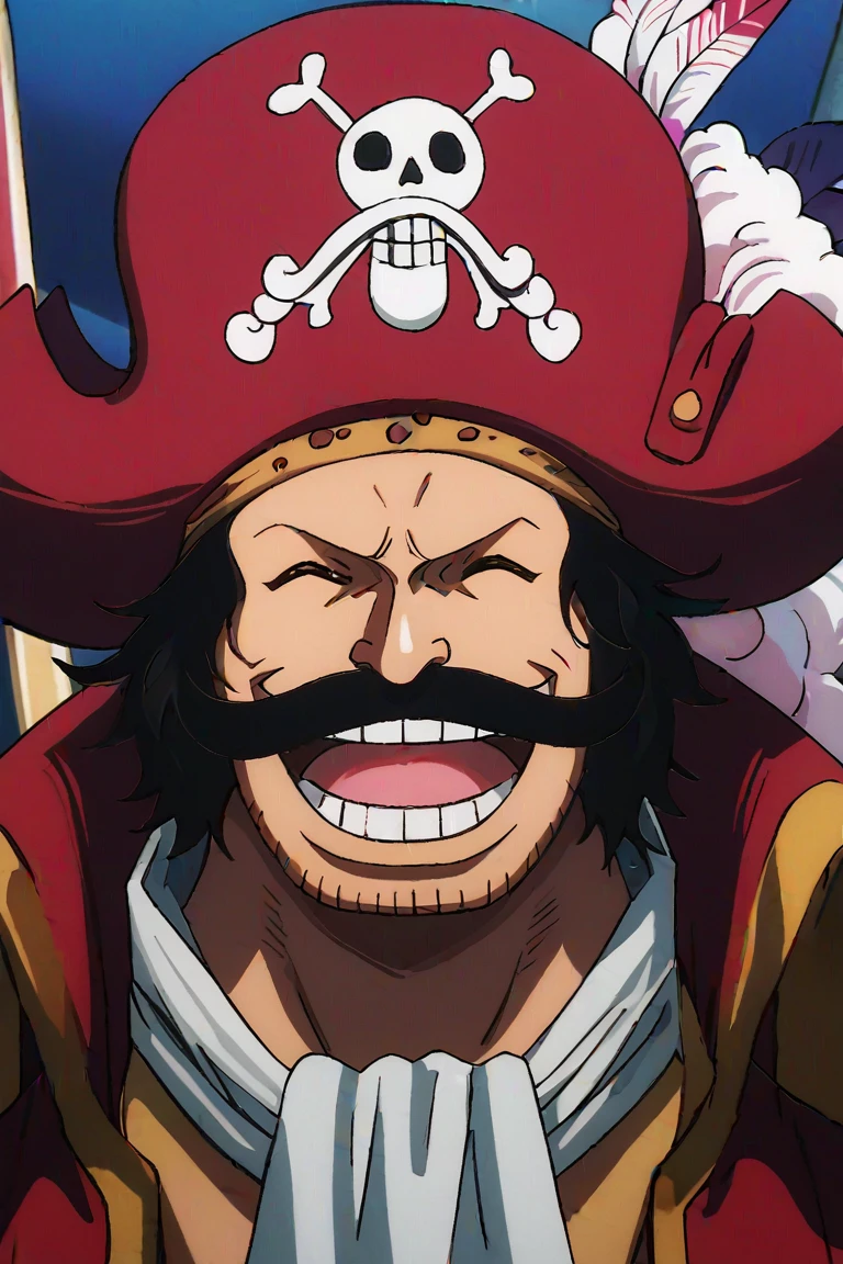 score_9, score_8_up, score_7_up, source_anime, rating_safe, male focus, white_Roger_hat skull print, RogerOP, black_Roger_hair, black_Roger_facial hair, closed eyes, red_Roger_pirate hat, red-yellow_Roger_animal print head bandana, white-blue-red_Roger_hat feathers, pink_Roger_hat-cloud, wide smile, open mouth, teeth, tongue, laughing, 1boy, anime screencap, cute wallpaper