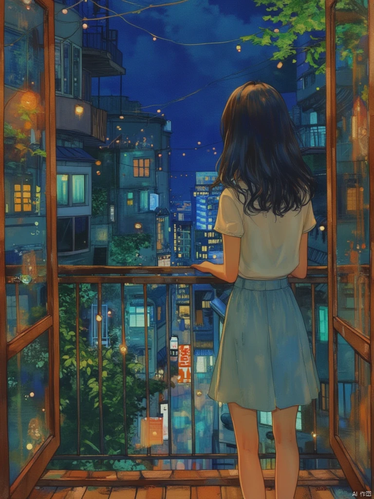 OBxiantiao,This is a digital painting in a vibrant, semi-realistic style, capturing a serene urban scene from a balcony. The central focus is a young woman with long, dark hair, viewed from behind as she stands at the threshold of the balcony, gazing out into the night. She wears a white, short-sleeved blouse and a light blue, knee-length skirt. The balcony itself is enclosed by wooden frames and features a glass door, through which the cityscape is visible.