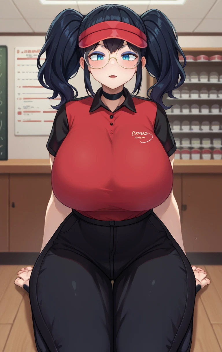 score_9,score_8_up,score_7_up BREAK source_cartoon,<lora:tips:1>,TipsSDXL,1girl,solo,blue eyes,shirt,black hair,twintails,short sleeves,makeup,freckles,sidelocks,thighs,glasses,choker,collared shirt,pants,huge breasts,uniform,black choker,thick thighs,black pants,red shirt,visor cap,tall female,employee uniform,cowboy shot,room,room background,kneeling, v