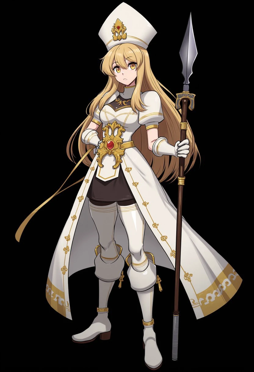 MissAndyDandy_style
A princess wearing a white and golden robe with elbow gloves, thigh boots and seamed leggings, as well as a clergy hat. She's holding her staff and looks determined, standing in the middle of the battlefield while facing the viewer. black background,simple background