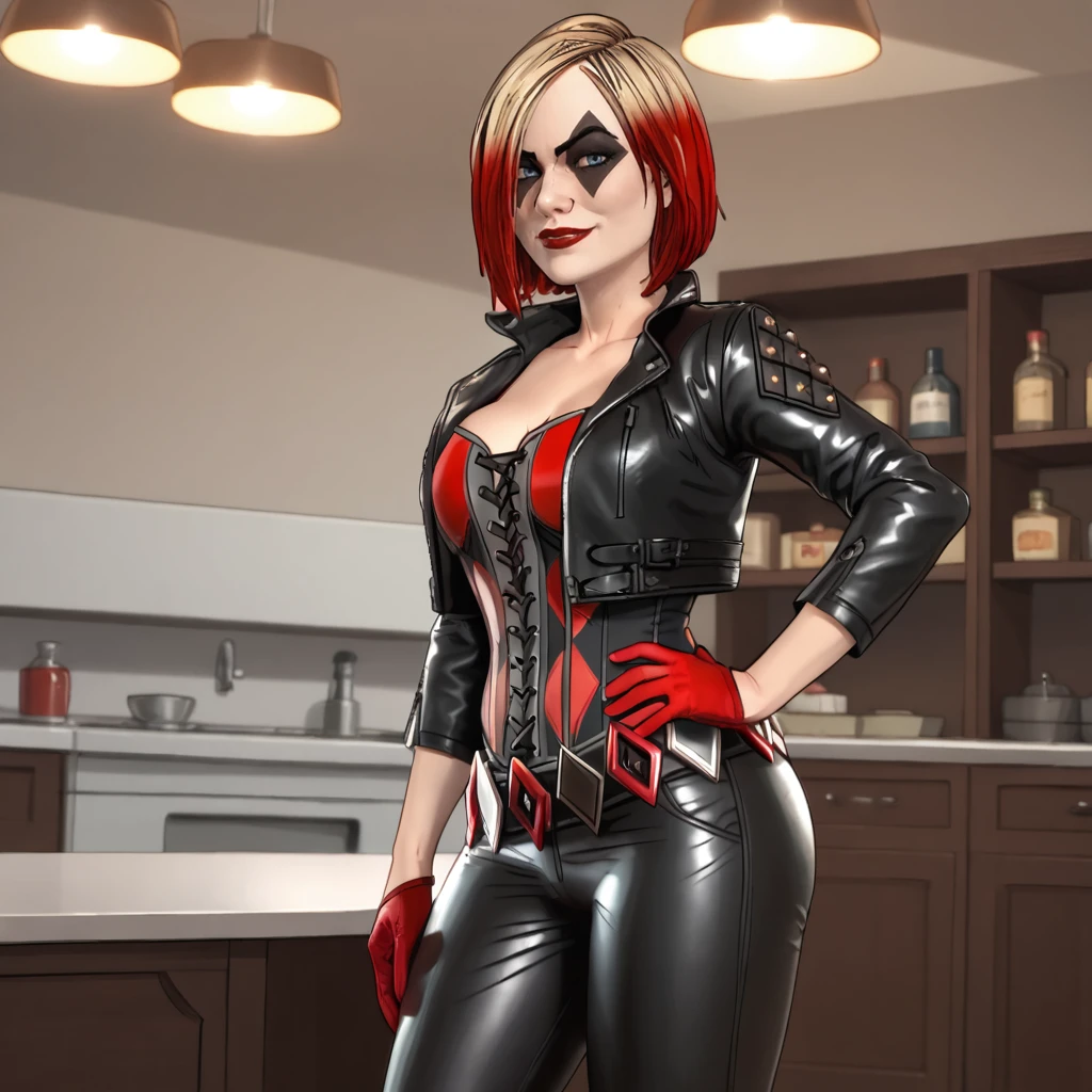 <lora:harleyquinntelltale_pony_v1:.9>  HarleyQuinnTelltale, 1girl, solo, cleavage, corset, makeup, mask, hair over one eye, lipstick, leather cropped jacket, red gloves, short brown multicolored red hair, large breasts, leather pants