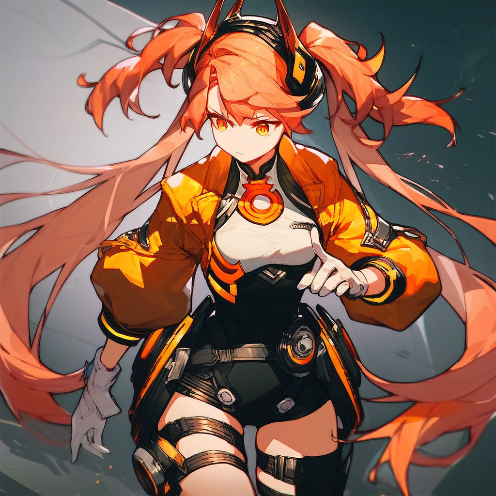 Score_9, score_8_up, score_7_up, e0s-ft, 1girl, long hair, twintails, gloves, breasts, thigh strap, headgear, jacket, orange eyes, white gloves, very long hair, long sleeves, bangs, small breasts, yellow eyes