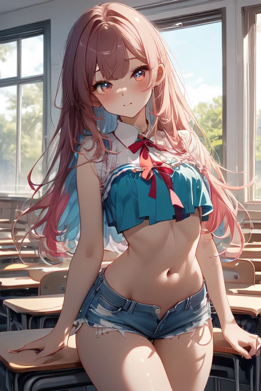 Cute girl, full body, crop top, short shorts, full body, ,colorful eyes, expressive eyes, red eyes, blue eyes, green eyes, rainbow eyes, blushing,full body, perfect body, perfect anatomy, body shine, beautiful body, perfect chest, perfect hips, classroom, 