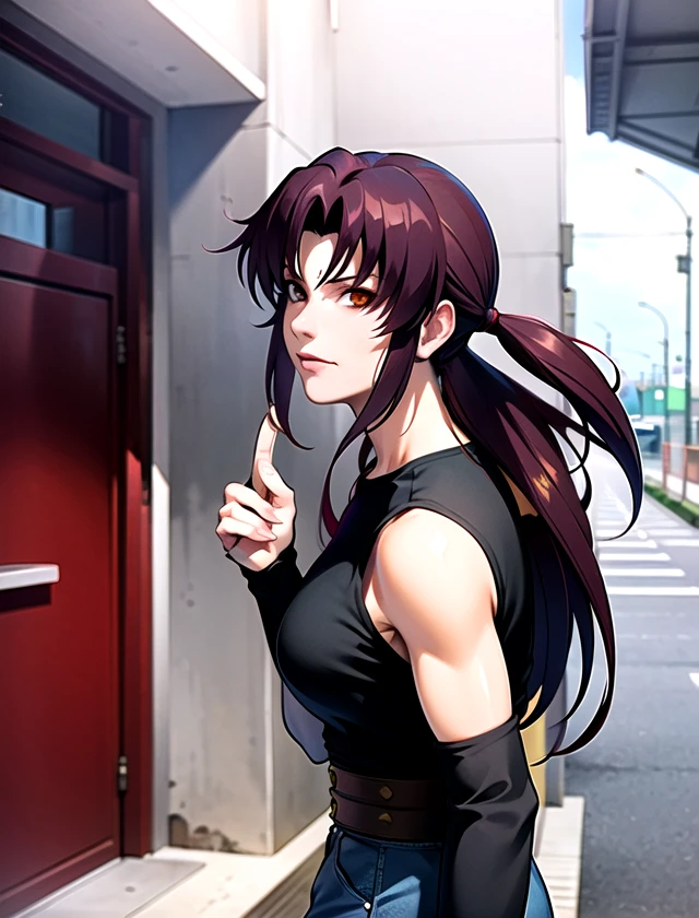 Revy <lora:Revy:.7>, , solo, standing, outside, 1girl