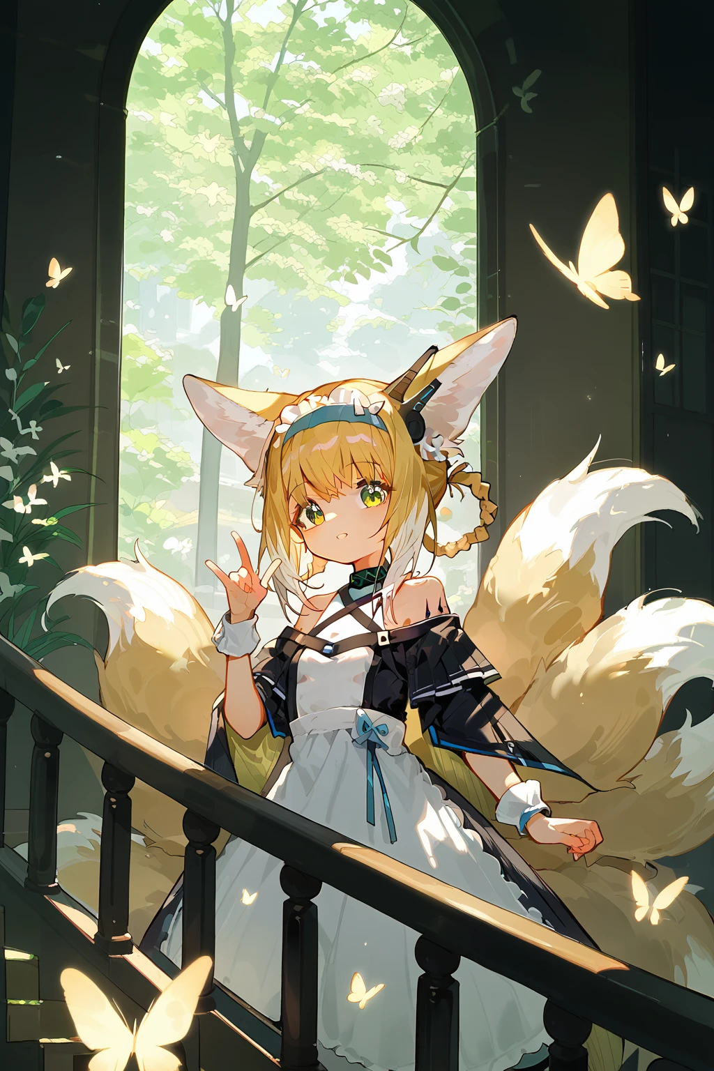 score_9,score_8_up,score_7_up,<lora:linlan(Arknights)-v1:1>,linlan(Arknights),1girl,seductive_smile,cute face,japanese aesthetic,different clothes from the original,maid,whole body,curvy,fox_shadow_puppet,very beautiful,animal ears,blonde hair,1girl,animal ears,tail,fox tail,fox ears,solo,green eyes,blonde hair,stairs,fox girl,looking at viewer,hairband,braid,multiple tails,butterfly,bug,bare shoulders,window,hair rings,railing,bangs,multicolored hair,kitsune,blue hairband,parted lips,tree,wrist cuffs,looking to the side,white_background,foreshortening,incredibly absurdres,Cinematic Lighting,