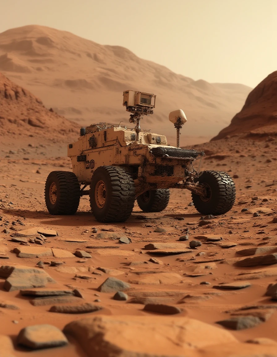 <lora:Mars_Surface_Real_Mars_Pictures__Curiosity_Marsrover:1>stunning cinematic picture of the mars surface. A Mars rover is driving through the rocky surface.