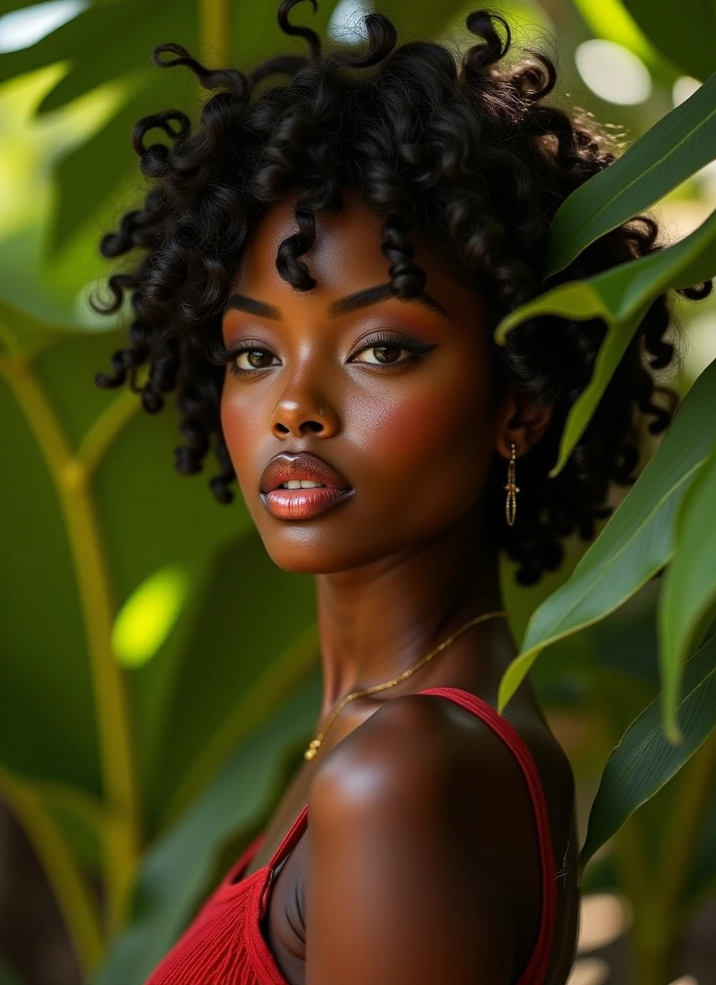 A close-up photograph of a young woman with dark skin, her vibrant red lips softly pouting against a blurred, tropical background. Sunlight filters through lush green leaves, casting dappled shadows across her face, highlighting her features with a warm glow <lora:Ebony_Beauties-000001:1>