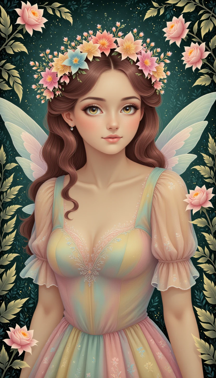 p1nkf4nt4systyl3, Portrait of a pretty fairy, Leaves, Flowers, Petals, Pastel Pink, art nouveau style, floral background, vintage style