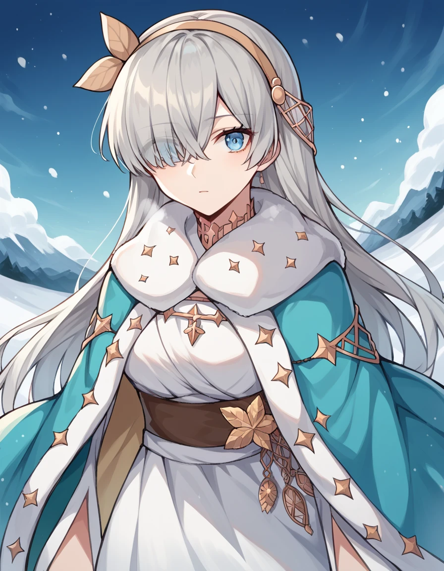 score_9, score_8_up, score_7_up, source_anime, <lora:fgo-anastasia-ponyxl-lora-nochekaiser:1>, anastasia, blue eyes, grey hair, hair between eyes, hair over one eye, long hair, bangs, medium breasts,, blue cloak, brown hairband, cloak, dress, fur trim, hairband, royal robe, sash, tachi-e, white dress, wide sleeves,, snow day, winter clothes, snowball fight, laughter, cold breath, white landscape, , looking at viewer, arm in a sling, solo,, cowboy shot, dutch angle
