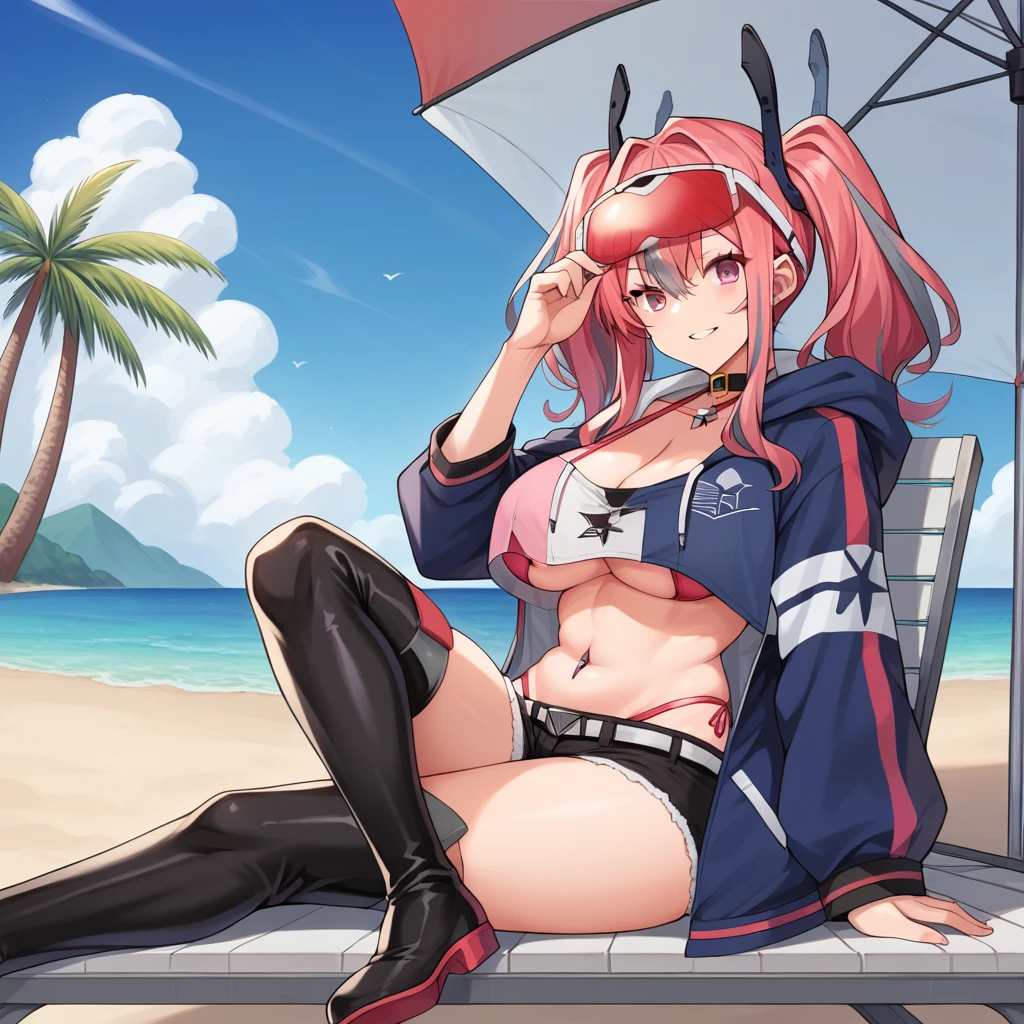 score_9_up, score_8_up, score_7_up, source_anime, masterpiece, best quality, 1girl, solo, BremertonAzur, Brem01, Brm_Def, sun light, sea, palm tree, sitting on beach chair, from side, crossed legs, holding cocktail, under umbrella, looking at you, shadow, naughty smile, parted lips, hand on eyewear, bremerton (azur lane), pink hair, twintails, grey hair, streaked hair, pink eyes, red-tinted eyewear, eyewear on head, hair ornament, navel piercing, lifebuoy ornament, black choker, black footwear, blue jacket, cleavage, hooded jacket, bikini under clothes, thigh boots, pink bikini, two-tone shirt, shirt, crop top, underboob, crop top overhang, highleg bikini, open jacket, midriff, navel, short shorts, black shorts, grey belt, cutoffs, mature body, dynamic cowboy shot, outdoors, sky clouds background