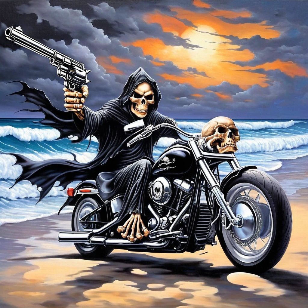 painting 11skull11, grim reaper, beach motorcycle holding revolver