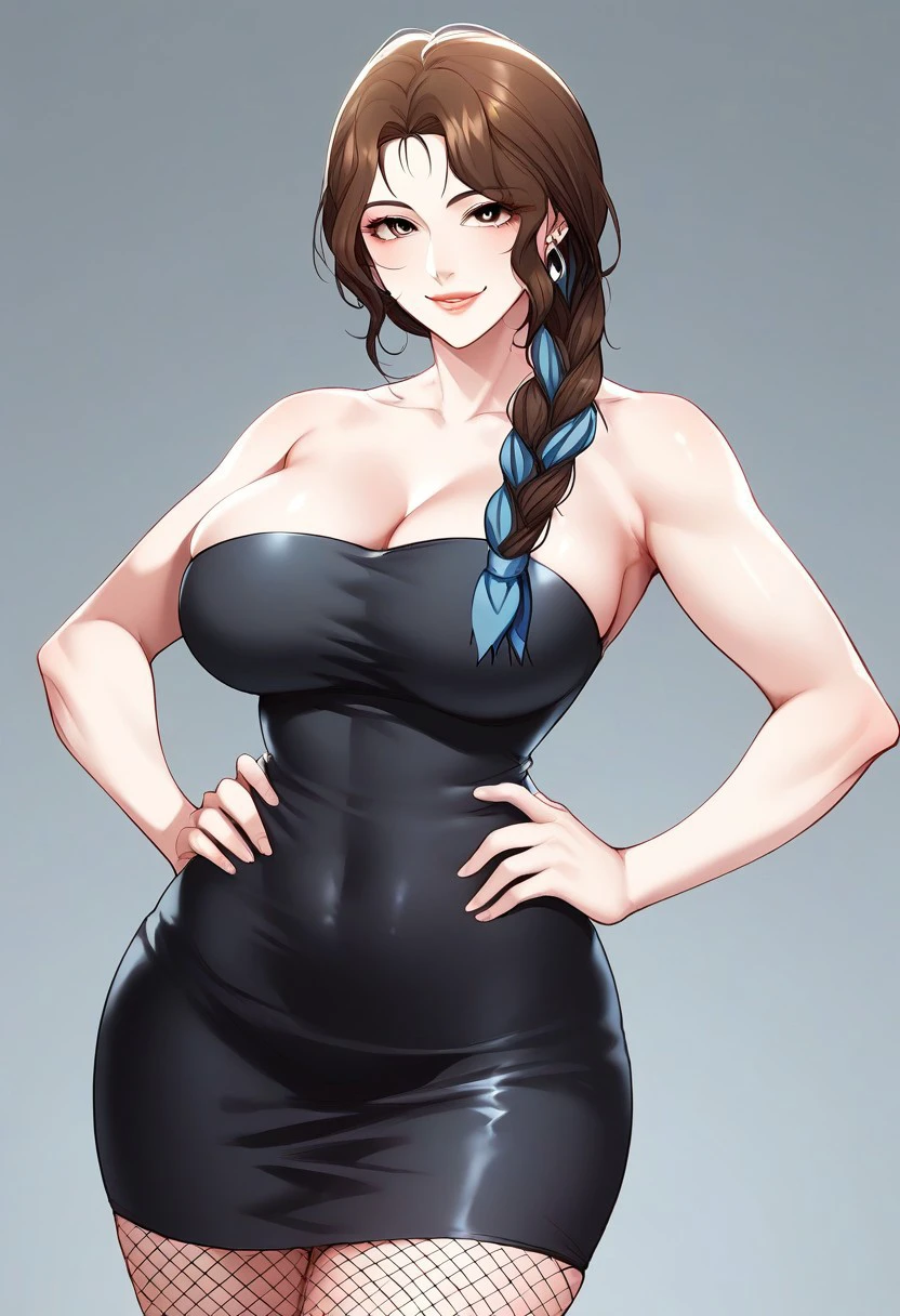 score_9, score_8_up, score_7_up, ASCII masterpiece, source_anime, BREAK, 1girl, solo, (( <lora:cho_mi-kyung:1> , cho_mi-kyung, thin waist, wide hips, beautiful skin, beautiful brown eyes, clear eyes, bright pupils, beautiful eyes, beautiful brown hair, huge and shaggy breasts, natural beauty, extraordinary beautiful woman, attractive woman, super sexy woman, lustful body, sexy woman with seductive obscene body, sensual body, voluptuous body, sexy beauty, most beautiful milf, no piercings, no piercing, makeup, )), (( Low-cut Mini sleeveless strapless black dress )), fishnets, sexy pose, cowboy shot, smile, sexy, hands on hips, (( single hair braid with blue scarf, hair over shoulder, ))