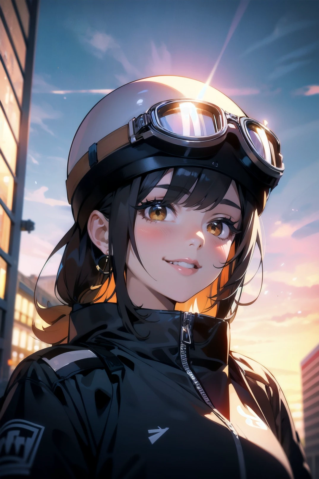 1girl, (solo), brown eyes, evil smile, goggles_helmet, <lora:goggles_helmet_v1:1>, outdoor, city background, (masterpiece:1.4), extremely detailed, (high resolution), (best quality),