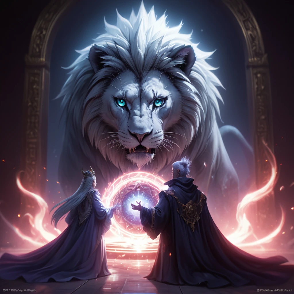 Cinematic shot of a beautiful witch summoning a magestic giant white lion from a big glowing portal, the white lion is slowly appearing from the portal and enering our world, summoning portal, dungeon room in background, masterpiece, best quality, highly detailed, sharp focus, dynamic lighting