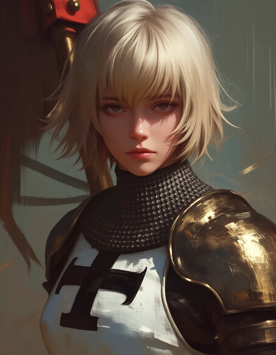 oil painting style, female knight in armor with short blonde hair with bangs, period accurate crusader armor, chainmail, white armor with a black cross, carrying flag, stoic, brave, concept art style, painterly, paint strokes, visible brush strokes, <lora:flux-D-3DNiji:1>, niji
