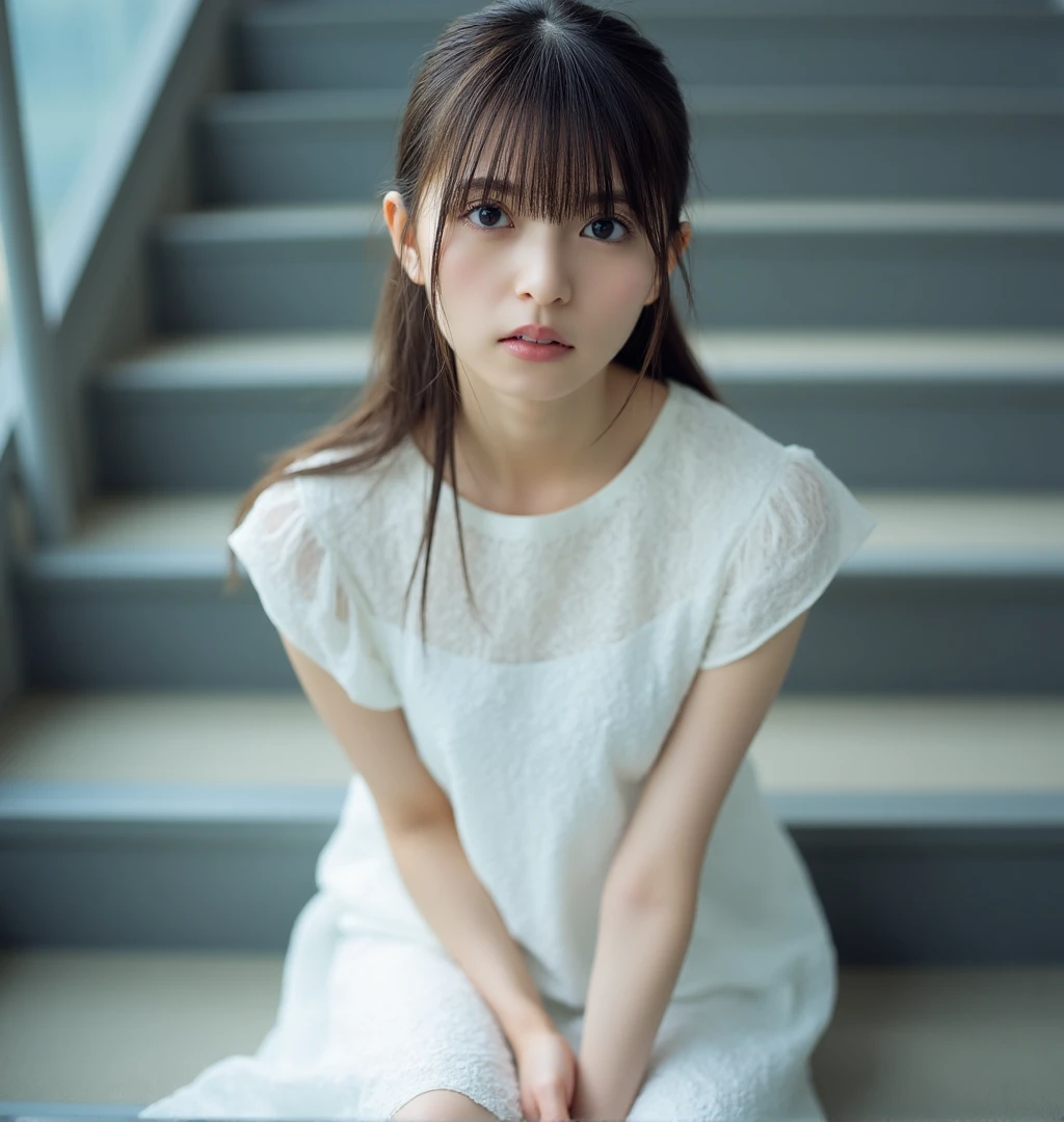 high-end photography works, has got high contrast and sligh cool tones, photorealistic. 
asuka, The image is a portrait of a young woman. She was wearing a white dress, fair complexion. Her hair is styled in a ponytail with bangs. looking directly at the camera. Sitting on the stairs.