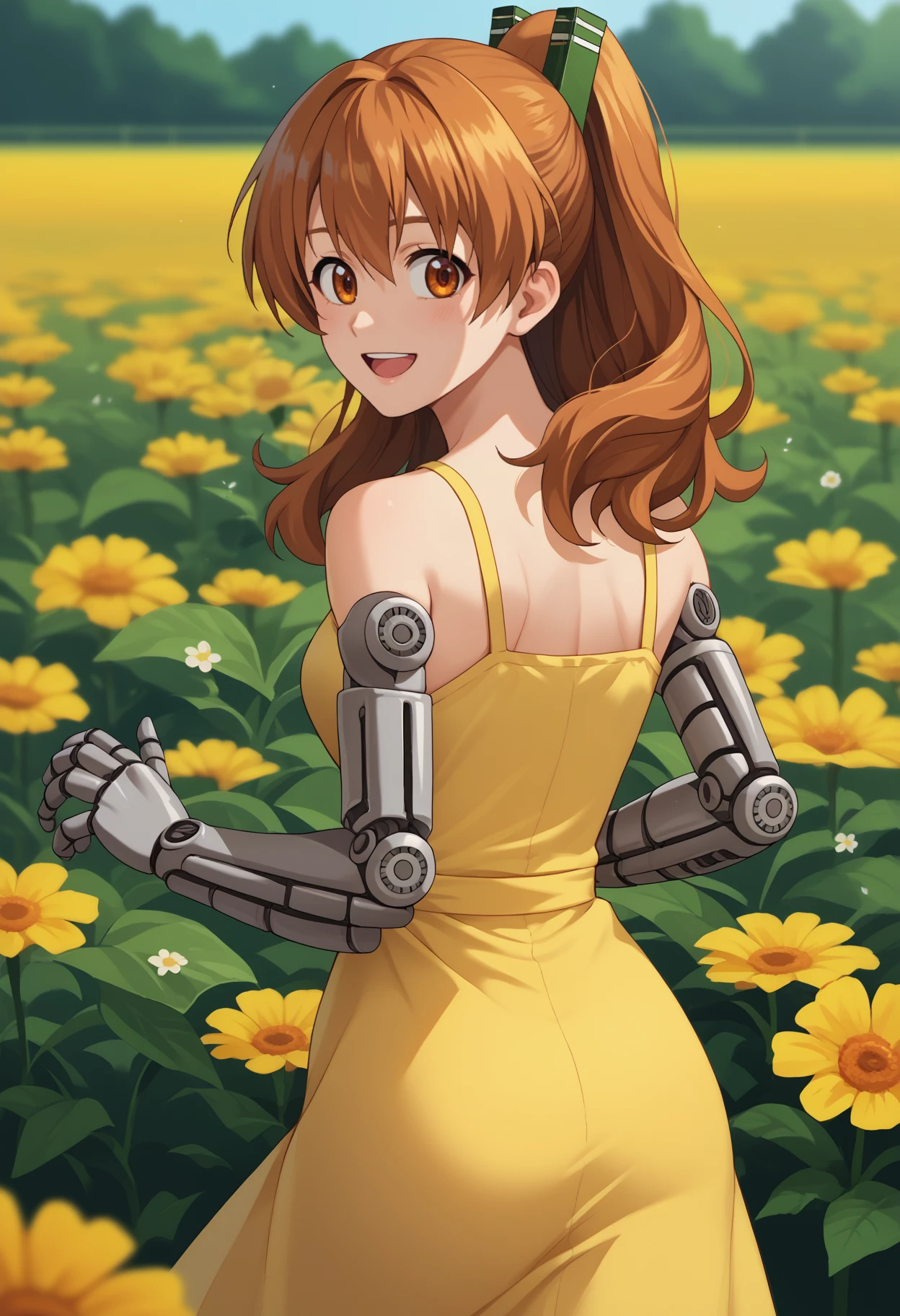 score_9, score_8_up, score_7_up, source_anime, <break> from behind, solo, 1girl, agkseryu, mechanical arms, smile, open mouth, looking back, long hair, brown hair, ponytail, brown eyes, yellow sundress, bare shoulders, outdoors, flower field
<segment:yolo-face_yolov8m.pt,0.4,0.5//cid=1>