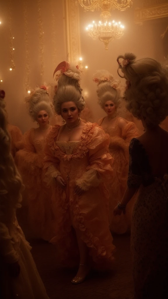 close-up of a few friends dancing at a nightclub with a big crowd around them, everybody is wearing rococo wigs, bokeh, cinematic 18k film still <lora:HAROQUE2FLUX-000001:1>