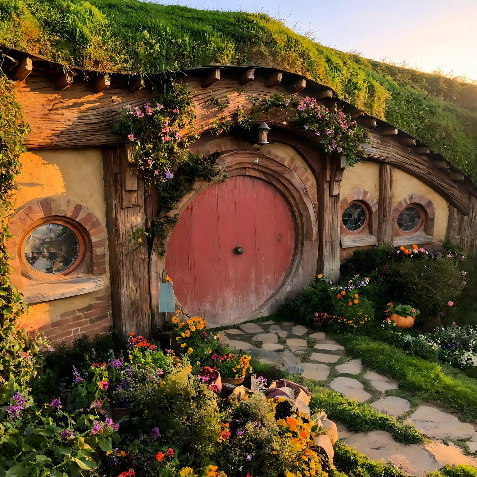 <lora:JJsHobbitHouse_XL:1>, ((Hobbit House)),  masterpiece, best quality, building,  (outdoors), plant, scenery, ((sky)),  center composition,  bush, day, grass, no humans, road,  door, window, golden hour, flower,