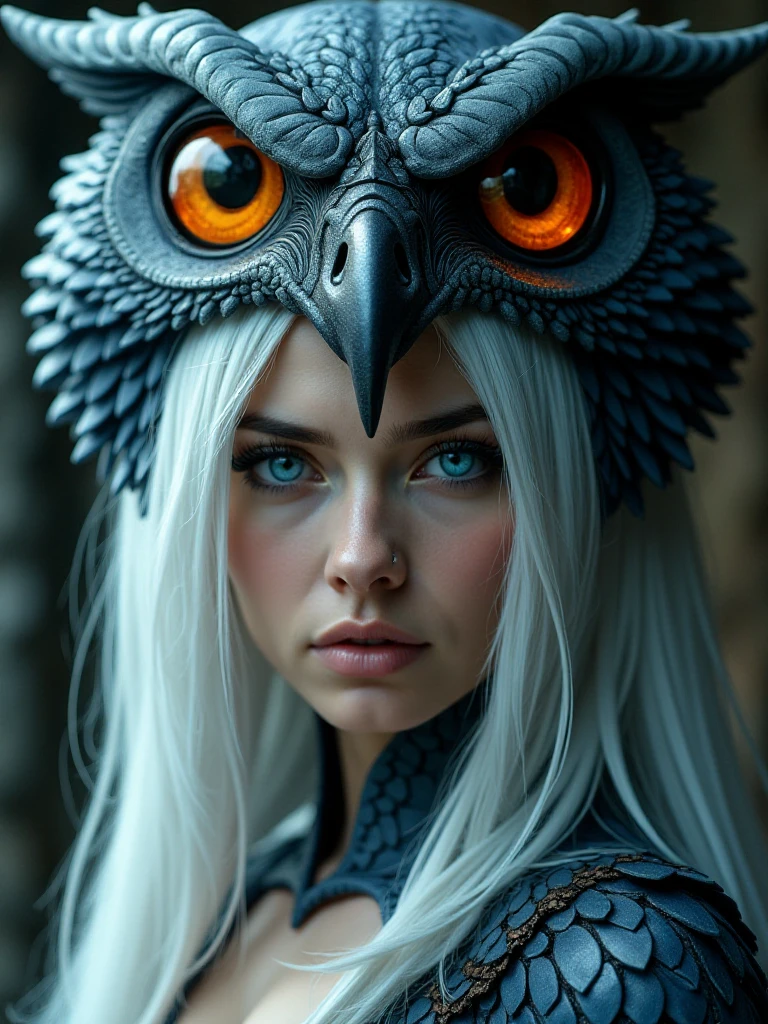 <lora:SorceressofCastleGrayskullQuironFLUX-000001:0.77> SorceressofCastleGrayskullQuiron, a realistic  photography of      a woman with white hair and blue eyes wearing an owl headdress,, Photorealistic, Hyperrealistic, Hyperdetailed, analog style, soft lighting, subsurface scattering, realistic, heavy shadow, masterpiece, best quality, ultra realistic, 8k, golden ratio, Intricate, High Detail, film photography, soft focus