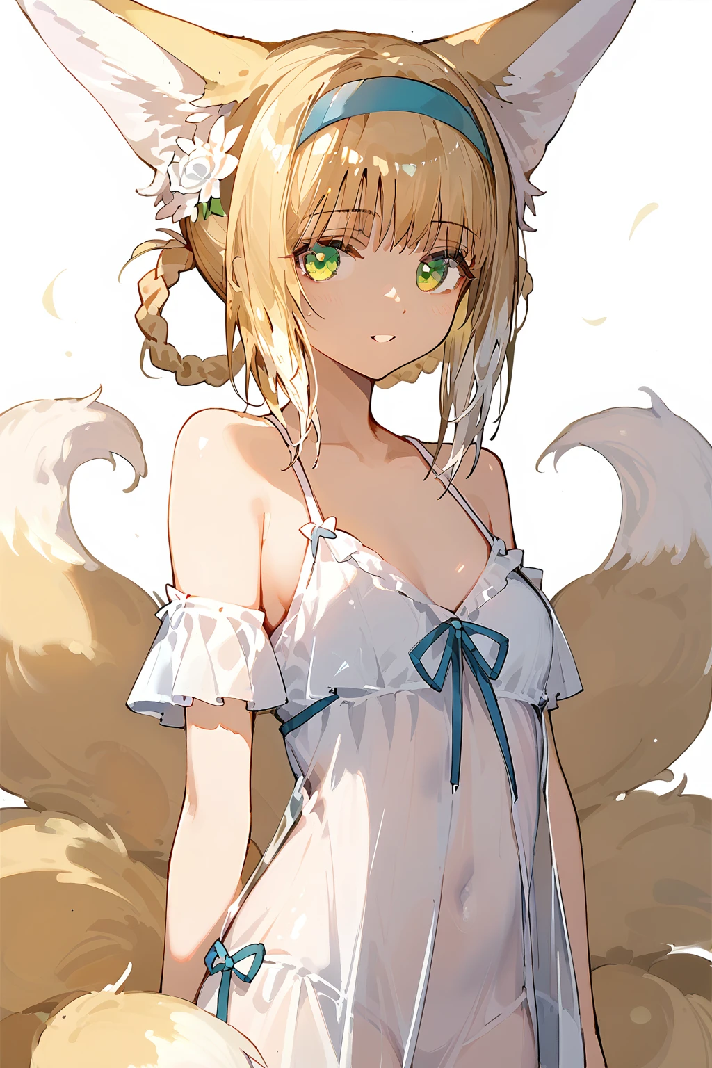 score_9,score_8_up,score_7_up,<lora:linlan(Arknights)-v1:1>,linlan(Arknights),1girl,seductive_smile,cute face,japanese aesthetic,nightgown,(white_background:1.1),whole body,curvy,very beautiful,animal ears,blonde hair,1girl,animal ears,tail,fox tail,fox ears,solo,green eyes,blonde hair,fox girl,looking at viewer,hairband,multiple tails,bare shoulders,hair rings,bangs,kitsune,blue hairband,parted lips,looking to the side,foreshortening,incredibly absurdres,Cinematic Lighting,