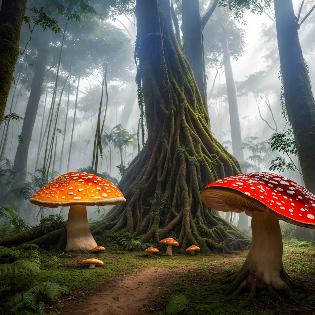 masterpiece, intricate photo, giant mushrooms in the hazy jungle, photo realistic, hyper realistic, highly detailed, sharp focus, high resolution, best quality, colorful, friendly colors, cozy outdoor lighting, 8K