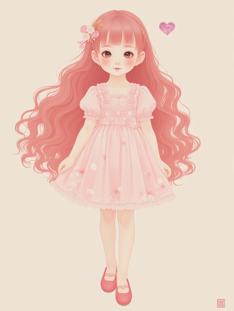 gongbihua,

A girl with rosy cheeks and long wavy hair in pastel pink, her eyes twinkling like amethysts, dressed in a frilly lace sundress with puffed sleeves and matching ballet flats.