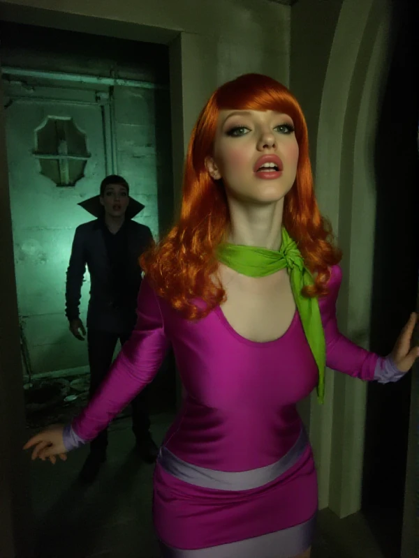 Daphne Blake is scared in an haunted house. A scary vampire in the background <lora:Daphne_Blake:0.9>