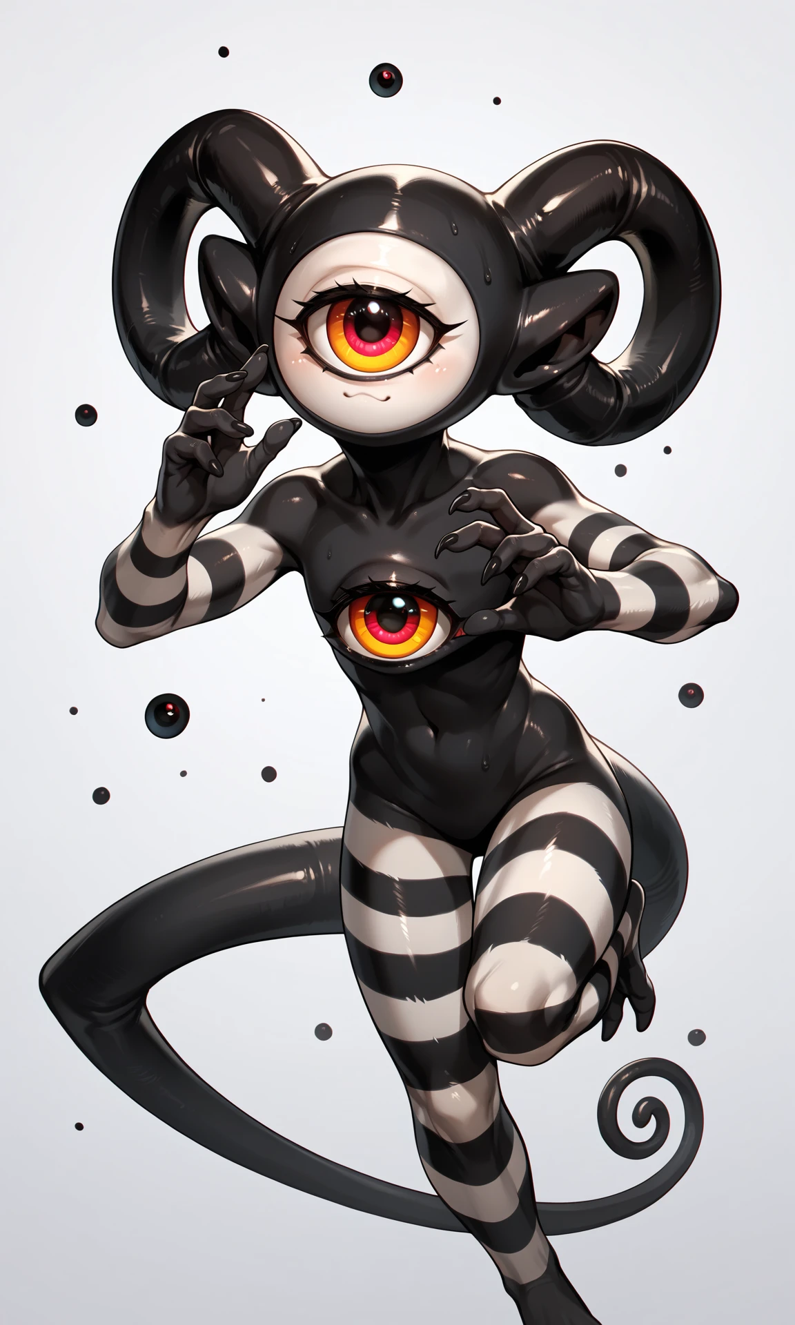 score_9, score_8_up, score_7_up, score_6_up, score_5_up, score_4_up, source_furry, rating_save, realistic, cute alien, extremely detailed, striped black and white fur, one eye, cyclope, four hands, tails