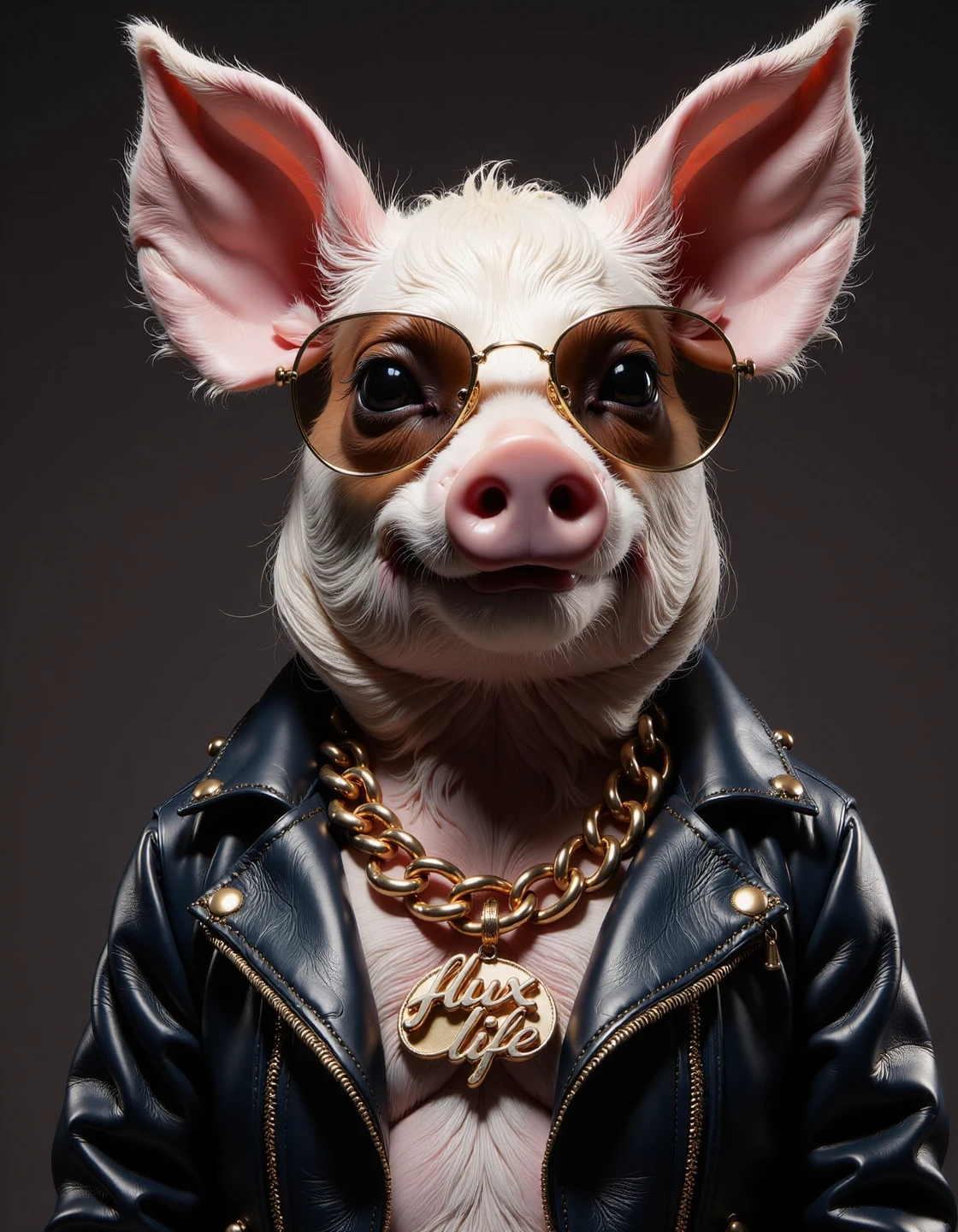 a pig wearing a jacket made out of Leather,  golden sunglasses and a huge gold chain with the sign "flux life" on it ,  magical atmosphere, dreamy,  <lora:flux-leatherstyle:1>,