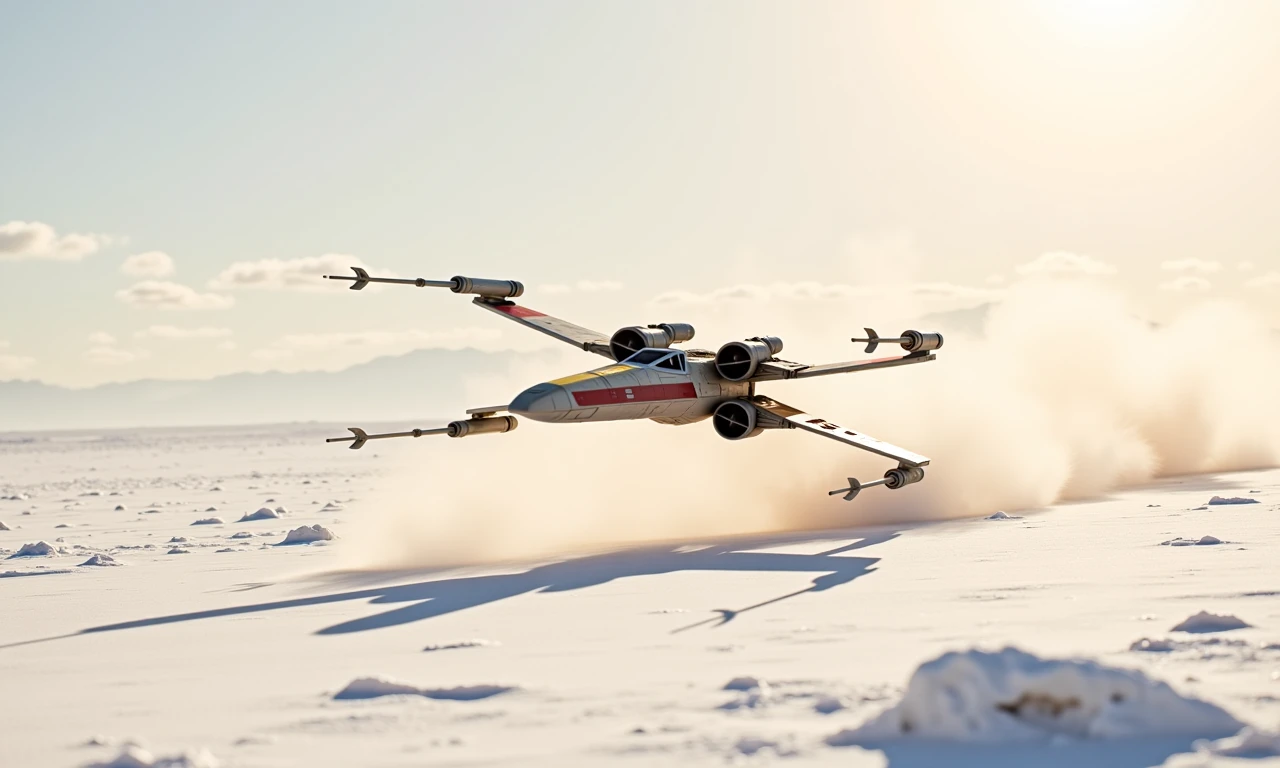 <lora:x-wing:1>, <lora:star wars style v2:1> star wars style,a photo of an x-wing flying low over an ice-desert planet,dust trailing behind,cinematic,vivid colors,lucasfilm