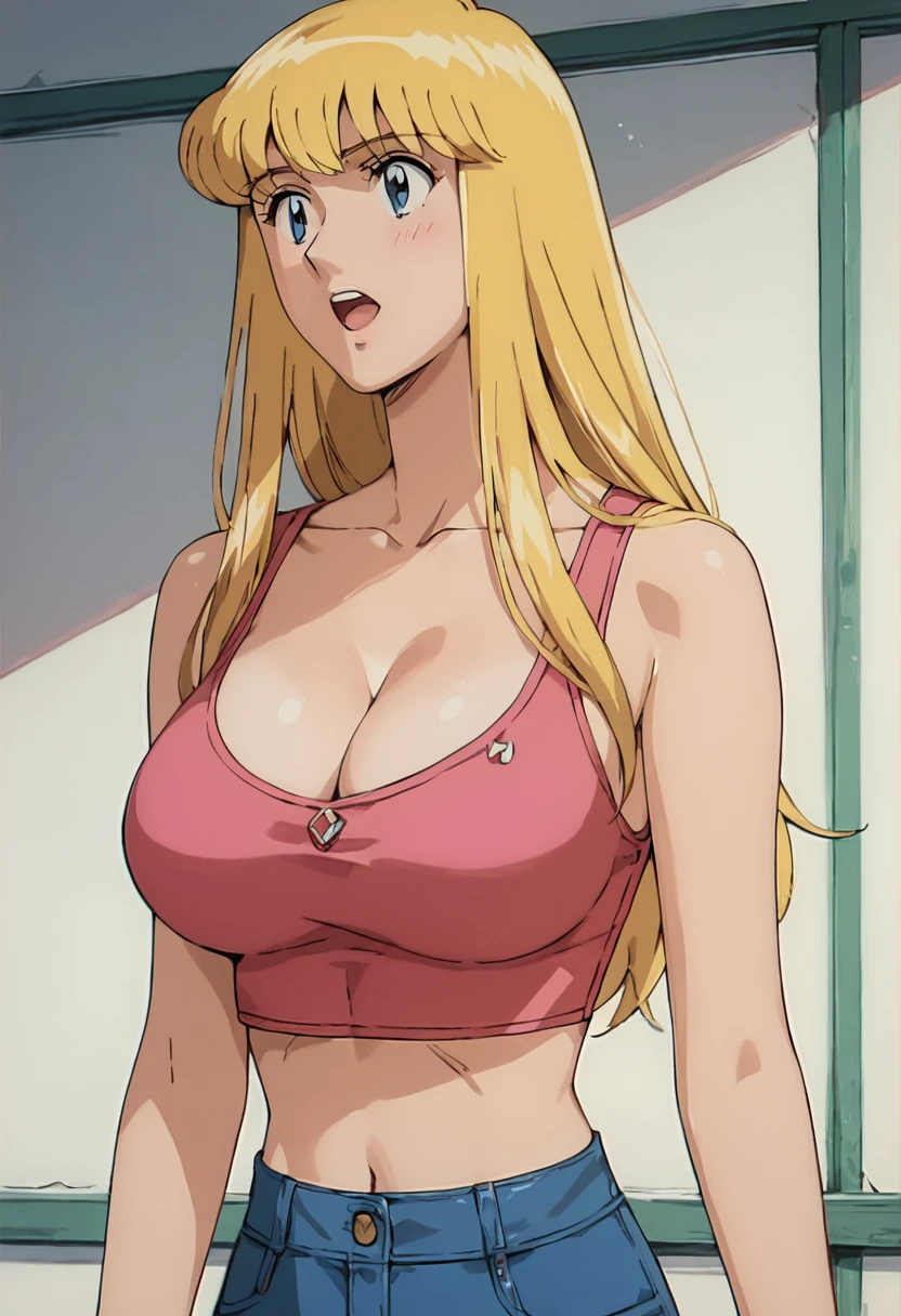 score_9, score_8_up, score_7_up, highres, masterpiece, 1woman, solo, long hair, sexy, r3iko, busty, breasts, blonde hair, anime coloring, large breasts, retro artstyle, cleavage, l00se_t0p, crop top