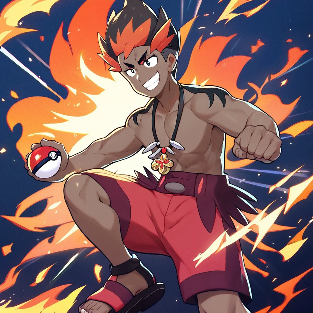 (masterpiece), score_9, score_8_up, score_7_up, score_6_up, score_5_up, score_4_up, 1boy, solo, Kiawe, multicolored hair, black eyes, dark skin, necklace, shoulder tattoos, red shorts, sandals, holding pokeball, smile, clenched fist, flare background,