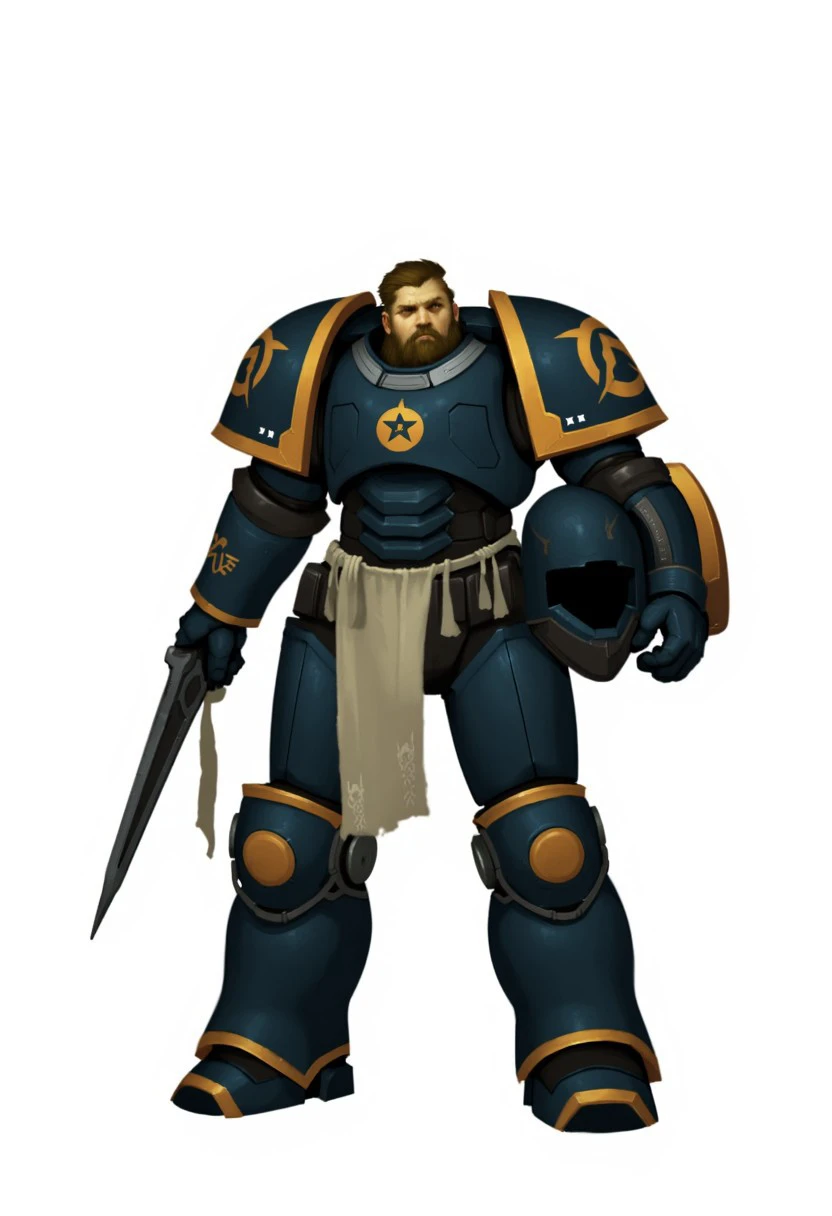 Create a large, armored warrior character in a futuristic, battle-hardened style. The figure should be wearing heavy, ornate power armor with a blue and gold color scheme, resembling a high-ranking soldier. The armor should have symbols and insignias engraved or painted, with one large emblem on the chest. The figure should hold a detailed helmet in one hand and have a weapon in the other (like a sword or futuristic gun). Add scrolls or decorative cloths hanging from the armor, giving the appearance of a soldier from an elite, knightly order. The character should look heroic and imposing, with a grim, determined facial expression.