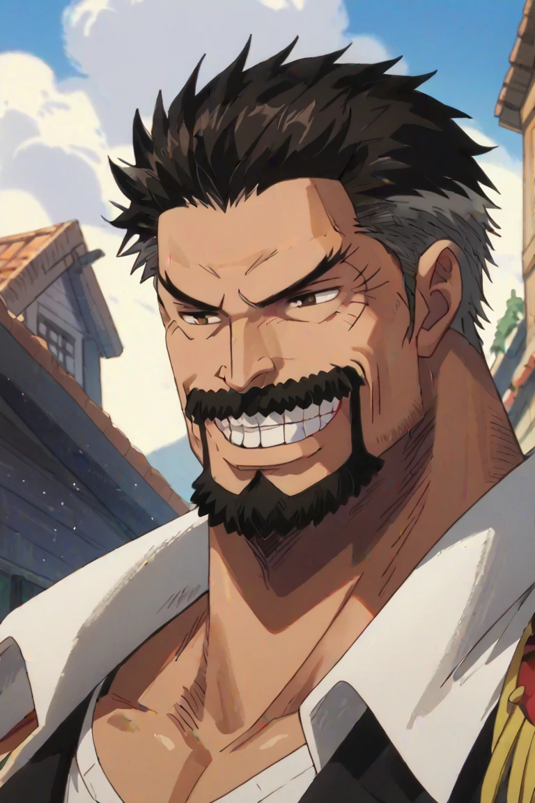 score_9, score_8_up, score_7_up, source_anime, rating_safe, male focus, GarpyOP, black_Garpy_facial hair, black-grey_Garpy_two-tone hair, wide smile, teeth, 1boy, anime screencap