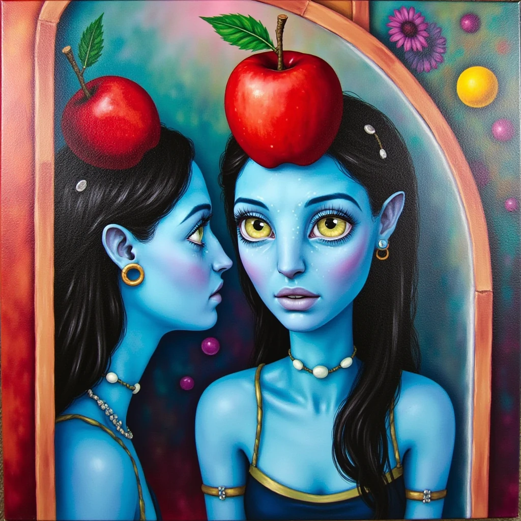 Abstract Surrealist cubist painting depicting a woman with green eyes and a red apple on her head looking at herself in the mirror. ,blue skin,  <lora:Neytiri_avatar_2009_FLUX_v1-000037:0.8>