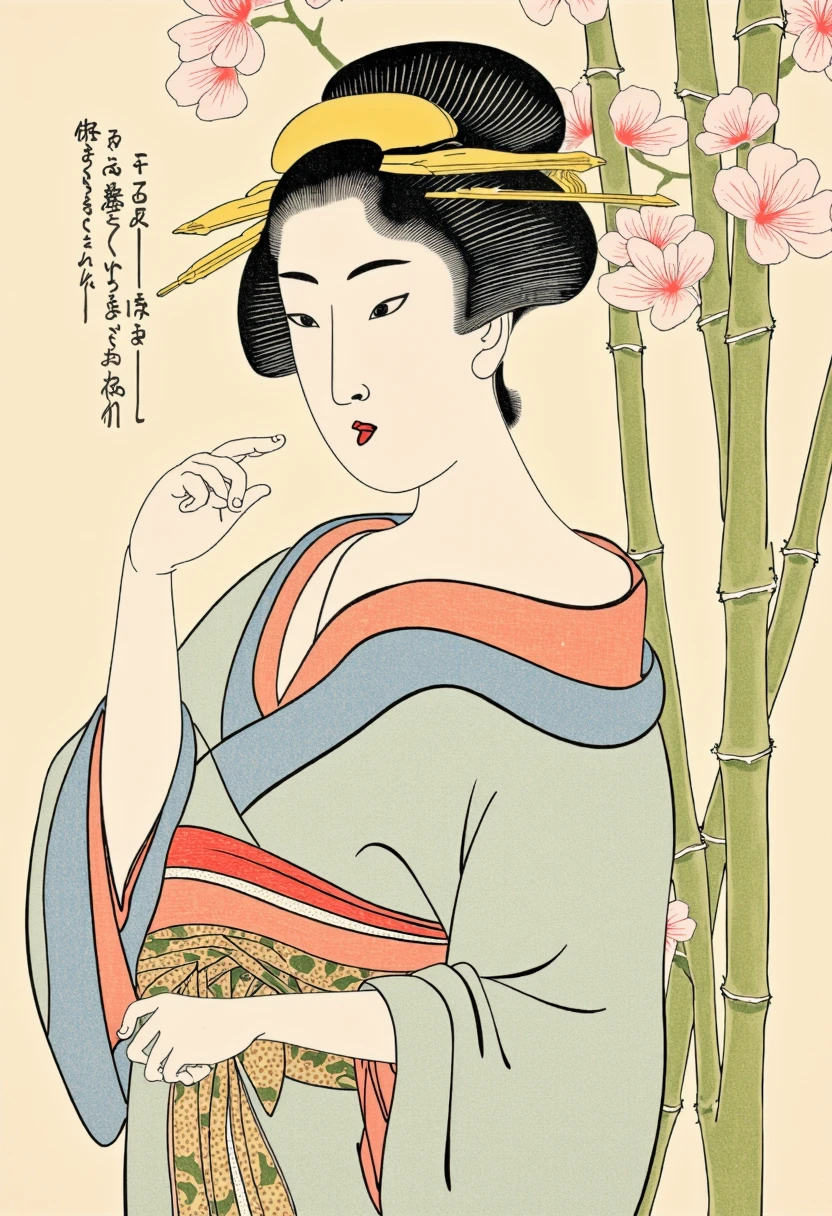 a detailed portrait of a Japanese woman in the style of traditional Shunga art. She has delicate features, almond-shaped eyes, and a soft, serene expression. Her traditional kimono is adorned with intricate floral patterns and flowing silk textures, cascading down her figure. The background features cherry blossoms and bamboo, evoking a peaceful, natural atmosphere. The color palette includes soft pastel tones, characteristic of Shunga artwork, with elegant line work and smooth shading that highlight her grace and beauty.