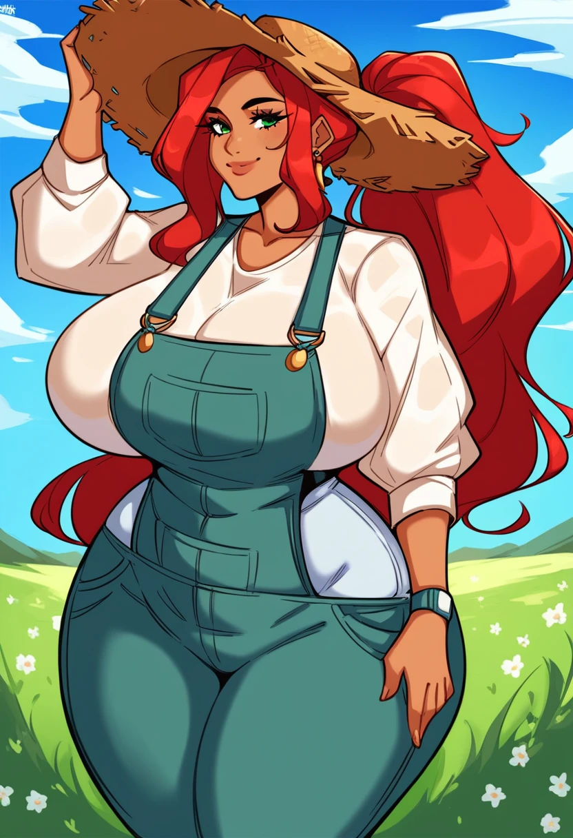 score_9, score_8_up, score_7_up BREAK 1girl, female, solo, huge breasts, thick thighs, wide hips, huge ass, smile, wavy hair, farmer, pants, overalls, long hair, red hair, ponytail, tan skin, straw hat, looking at viewer, dirty white shirt, grass background, blue sky, dirty clothes, green eyes, alecto_0 style <lora:alecto_0-superlight:0.7>