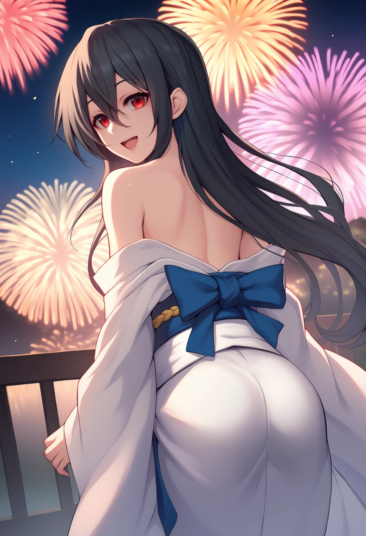 masterpiece, best quality, extremely detailed, (pastel), 8k cg wallpaper, stunning art, absurdres, a lady, very beautiful face, black long hair, beautiful hair, fluttering hair, yukata, bent over, grabbed handrail, look back, nsfw, POV, (hetero), (motion blur of intense sex from behind:1.3), doggy style, vaginal penis, (orgasm), open mouth, fireworks, viewer is standing, cowboy shot, from above, at higher place of mountain,