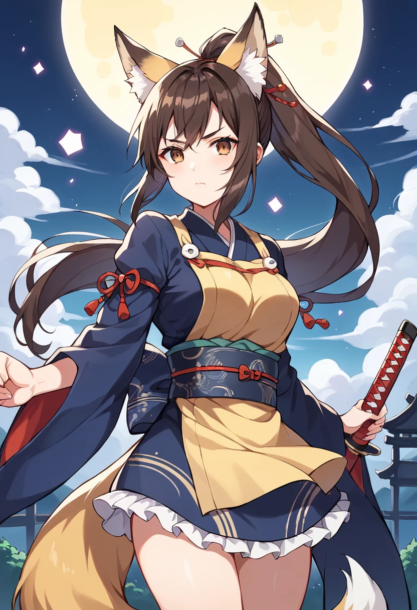 score_9,score_8_up,score_7_up,source_anime,masterpiece,best quality,1girl,solo,holding katana,a_(show_by_rock!!),brown eyes,animal ears,long hair,ponytail,brown hair,hair ornament,fox ears,fox tail,yellow apron,japanese clothes,dark blue kimono,wide sleeves,obi,ribbon,frilled skirt,<lora:aSB69:0.9>,cowboy_shot,looking_at_viewer,closed mouth,thighs,weapon,katana,night,serious,wind,hills,in a meadow,plateau,hands on hilt,