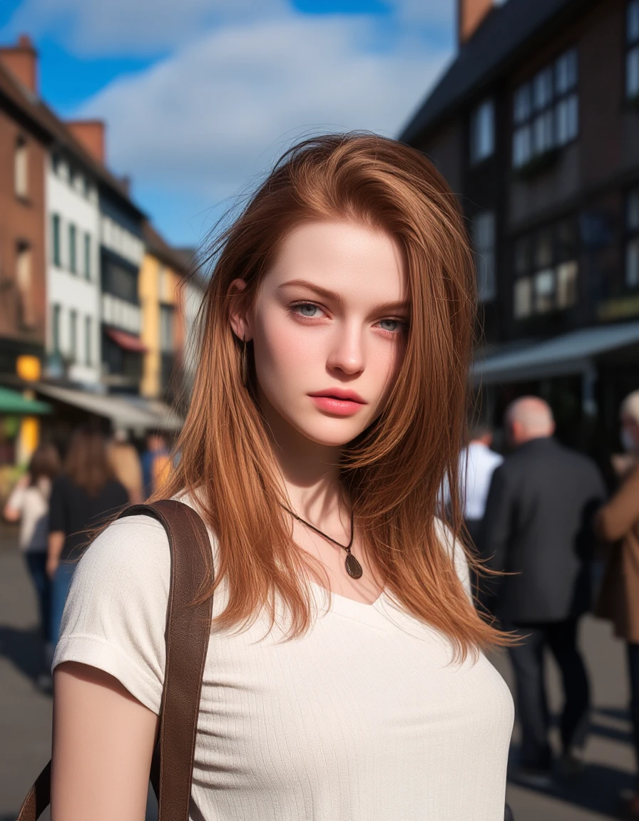 niji, <lora:flux-D-3DNiji_000018600:1>, A 20-year-old gorgeous redhead Irish supermodel standing in a downtown square, looking at the camera with a curious expression. She is dressed in casual attire suitable for sightseeing, with detailed facial features. The background includes historic buildings, signs, and other tourists.