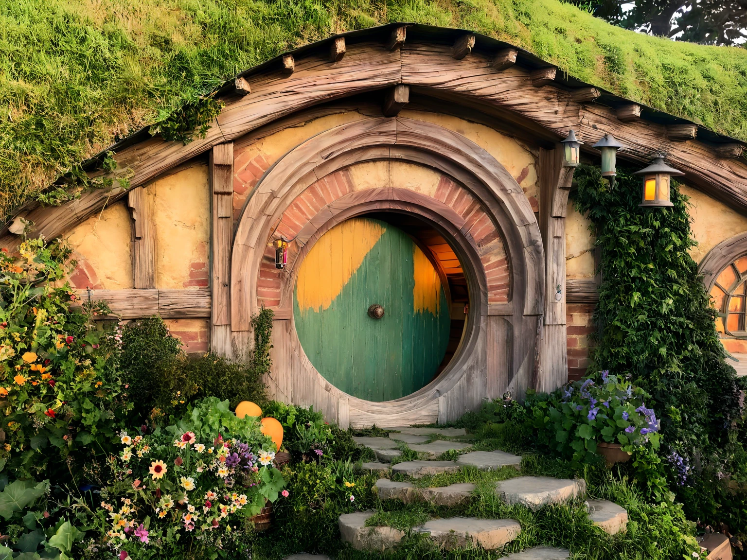 <lora:JJsHobbitHouse_XL:1>, ((Hobbit House)),  masterpiece, best quality, building,  (outdoors), plant, scenery, ((sky)),  center composition,  bush, day, grass, no humans, road,  door, window, golden hour, flower,