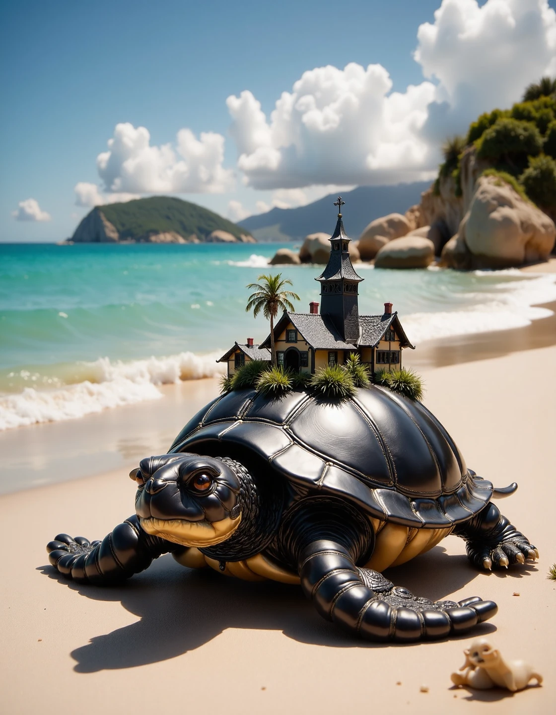 a turtle made out of leather resting on a beach with a  miniatur town on the back ,   <lora:flux-leatherstyle:1>,