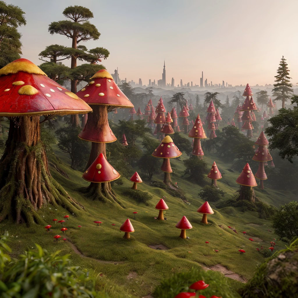 masterpiece, intricate photo, toadstools with red caps in the land of wizard of oz, cyberpunk, atompunk, photo realistic, hyper realistic, highly detailed, sharp focus, cozy outdoor lighting, colorful, friendly colors, best quality, high resolution, 8K